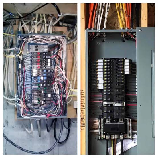 Electrical panel with numerous circuit breakers, wires, and busbars